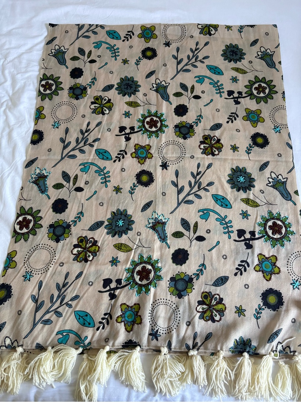 Altea Floral Scarf in Cream, Teal, Navy, Olive %100 Wool